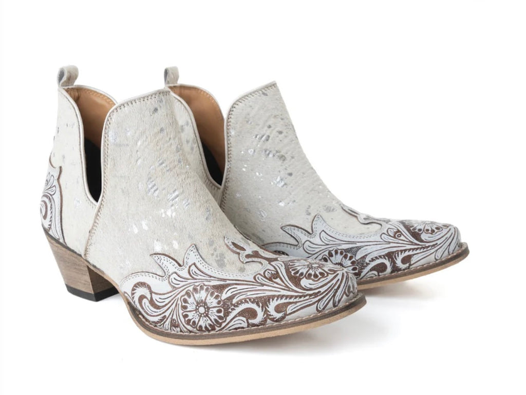 Starlit Range Handtooled Leather Booties In Frosted Mist